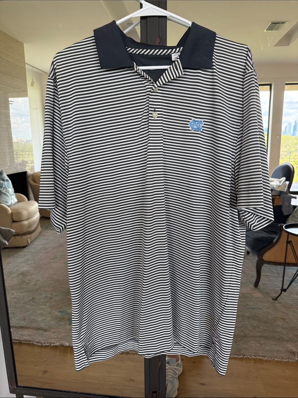 Men's UNC Grey and White Striped Polo with Contrast Collar